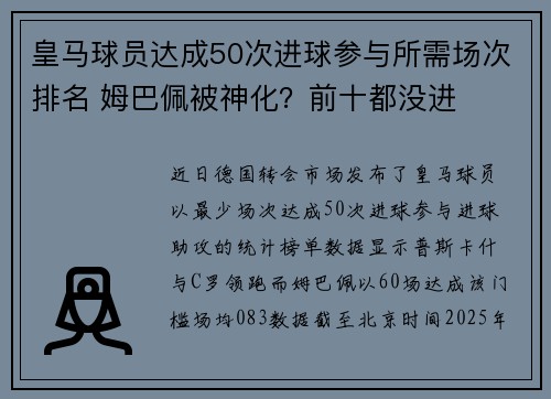 皇马球员达成50次进球参与所需场次排名 姆巴佩被神化？前十都没进